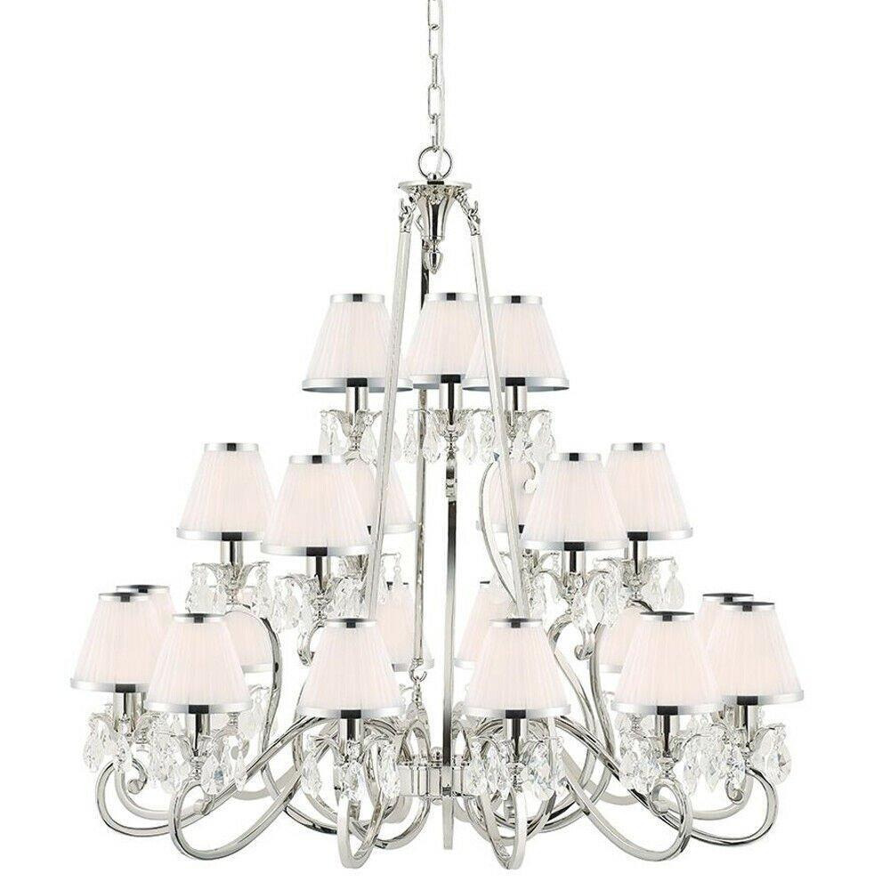 Esher Ceiling Pendant Chandelier Nickel Crystal & White Shades 21 Lamp Light - image 1