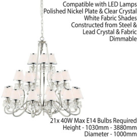 Esher Ceiling Pendant Chandelier Nickel Crystal & White Shades 21 Lamp Light - thumbnail 2