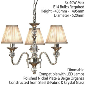 Diana Ceiling Pendant Chandelier Bright Nickel & Beige Pleat Shade 3 Lamp Light - thumbnail 2