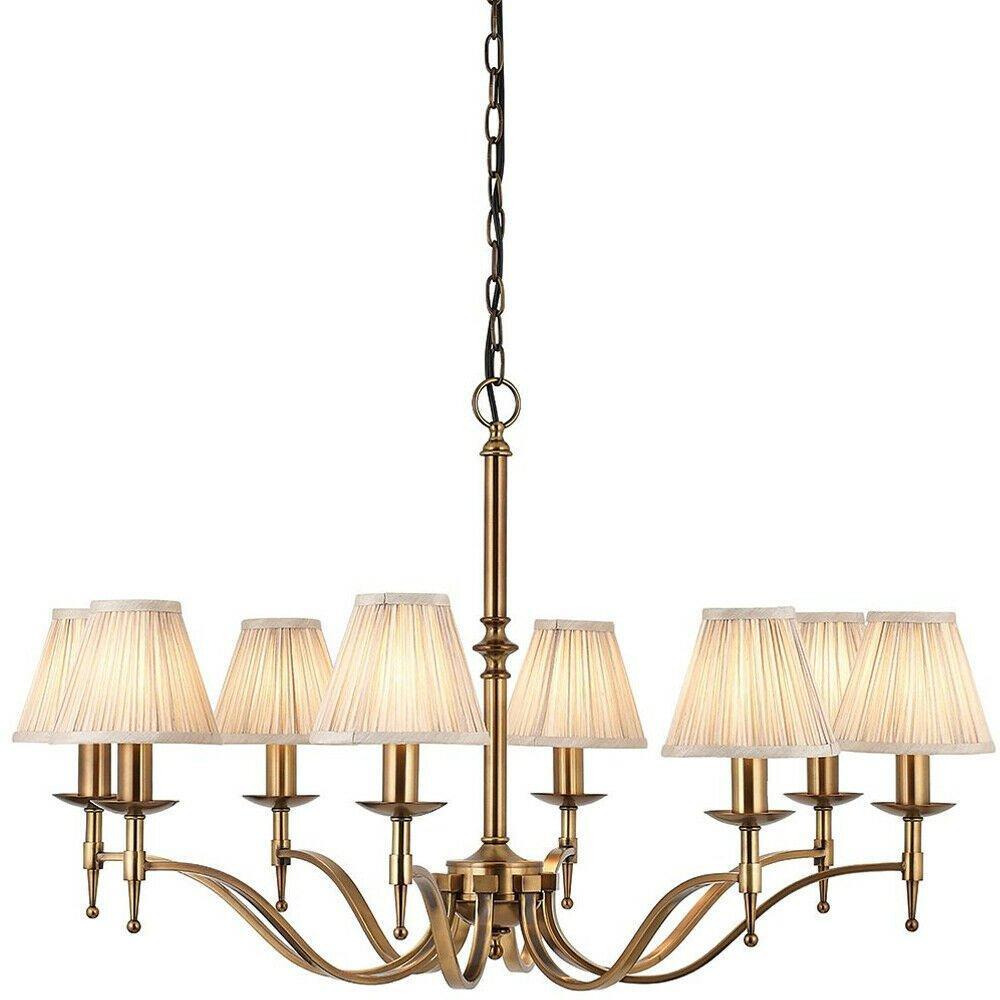 Avery Ceiling Pendant Chandelier Light 8 Lamp Antique Brass & Beige Pleat Shade - image 1