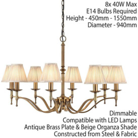 Avery Ceiling Pendant Chandelier Light 8 Lamp Antique Brass & Beige Pleat Shade - thumbnail 2