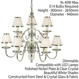 Flemish Ceiling Pendant Chandelier Polished Nickel & White Shades 5 Lamp Light - thumbnail 2