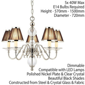 Flemish Ceiling Pendant Chandelier Polished Nickel & Black Shades 5 Lamp Light - thumbnail 2