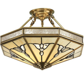 Luxury Semi Flush Ceiling Light Antique Brass & Tiffany Stained Glass Pattern