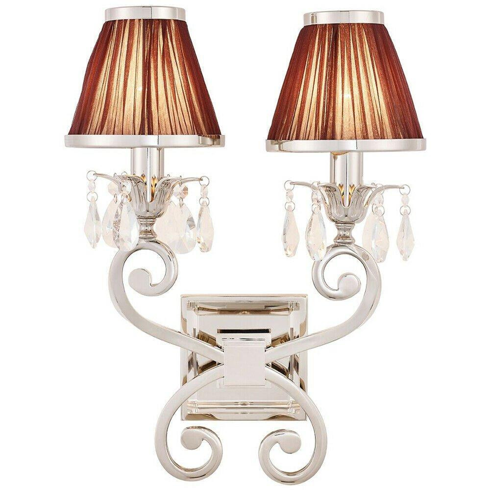 Esher Luxury Twin Curved Arm Traditional Wall Light Nickel Crystal Brown Shade - image 1
