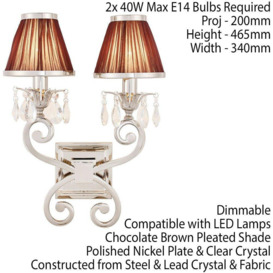 Esher Luxury Twin Curved Arm Traditional Wall Light Nickel Crystal Brown Shade - thumbnail 2