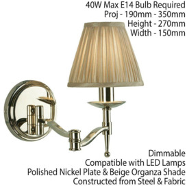 Avery Luxury Swing Arm Wall Light Bright Nickel & Beige Shade Adjustable Bedside - thumbnail 2