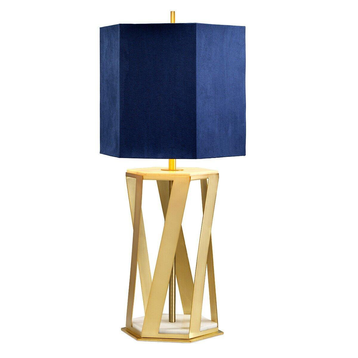 Table Lamp Blue Shade with Gold Faux Silk Lining Brushed Brass LED E27 60W Bulb - image 1