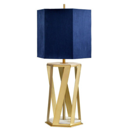 Table Lamp Blue Shade with Gold Faux Silk Lining Brushed Brass LED E27 60W Bulb - thumbnail 2