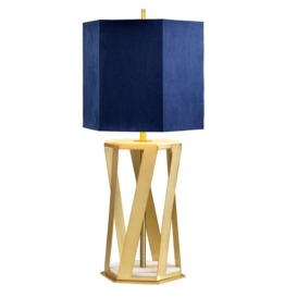 Table Lamp Blue Shade with Gold Faux Silk Lining Brushed Brass LED E27 60W Bulb - thumbnail 1