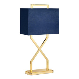 Table Lamp Navy Blue Oblong Shade Polished Gold LED E27 60W Bulb - thumbnail 1