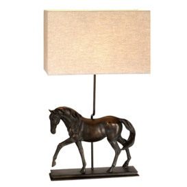 Table Lamp Large Horse Statuette Natural Hessian Shade Bronze Patina LED E27 40w