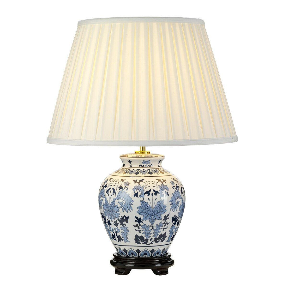 Table Lamp   Wooden Base Ivory Box Pleat Shade Blue/White LED E27 60w - image 1