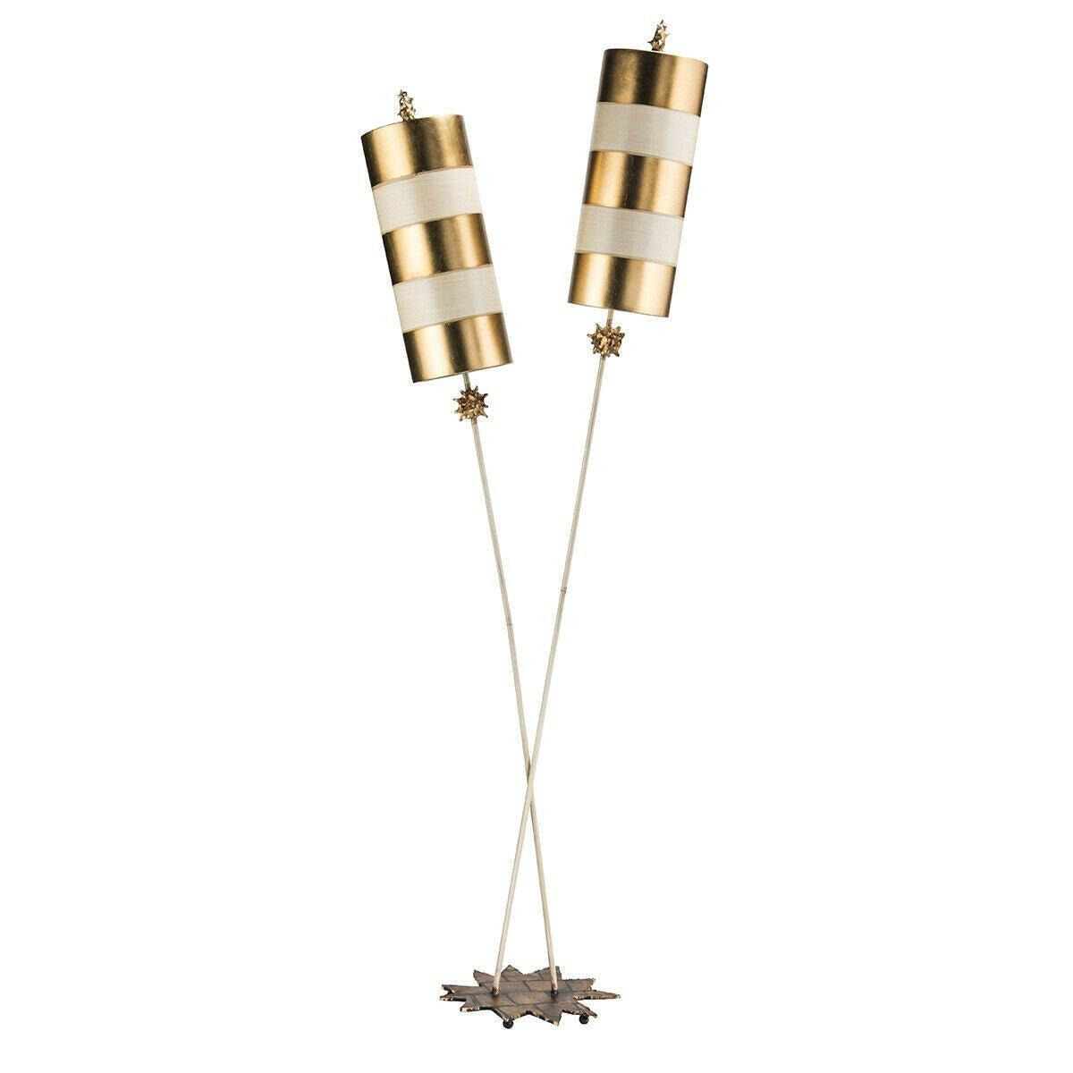 2 Bulb Twin Floor Lamp Star Shaped Base Gold Taupe Striped Shades LED E27 60W - image 1