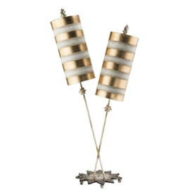 2 Bulb Table Lamp Gold Leaf & Taupe Striped Shades Star Leaf Base LED E27 60W - thumbnail 1
