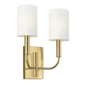 Twin Wall Light White Linen Cylindrical Shades Burnished Brass LED E14 60W