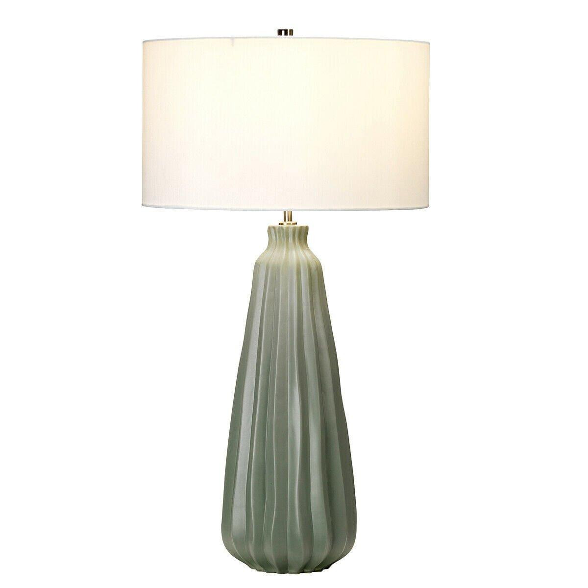 Table Lamp Sage Green Ceramic White Faux Silk Cylinder Shade LED E27 60W - image 1