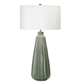 Table Lamp Sage Green Ceramic White Faux Silk Cylinder Shade LED E27 60W - thumbnail 2