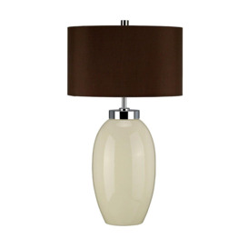 Table Lamp Small Ceramic Cream Glaze Brown Faux Silk Empire Shade LED E27 60W