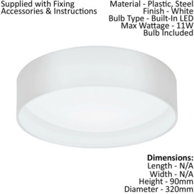 Flush Ceiling Light Colour White Shade White Fabric Bulb LED 11W Included - thumbnail 2