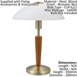 Table Lamp Bronzed Nut Touch On & Off Shade White Satin Glass Bulb E14 1x60W - thumbnail 2