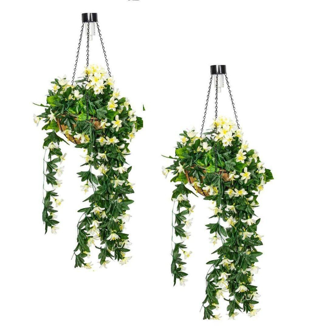 Pair of Artificial Duranta White Flowers Hanging Basket with Solar Light  26cm - image 1