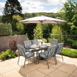 6 Seater Rattan Patio Dining Set with Crank Parasol in Grey Pattern