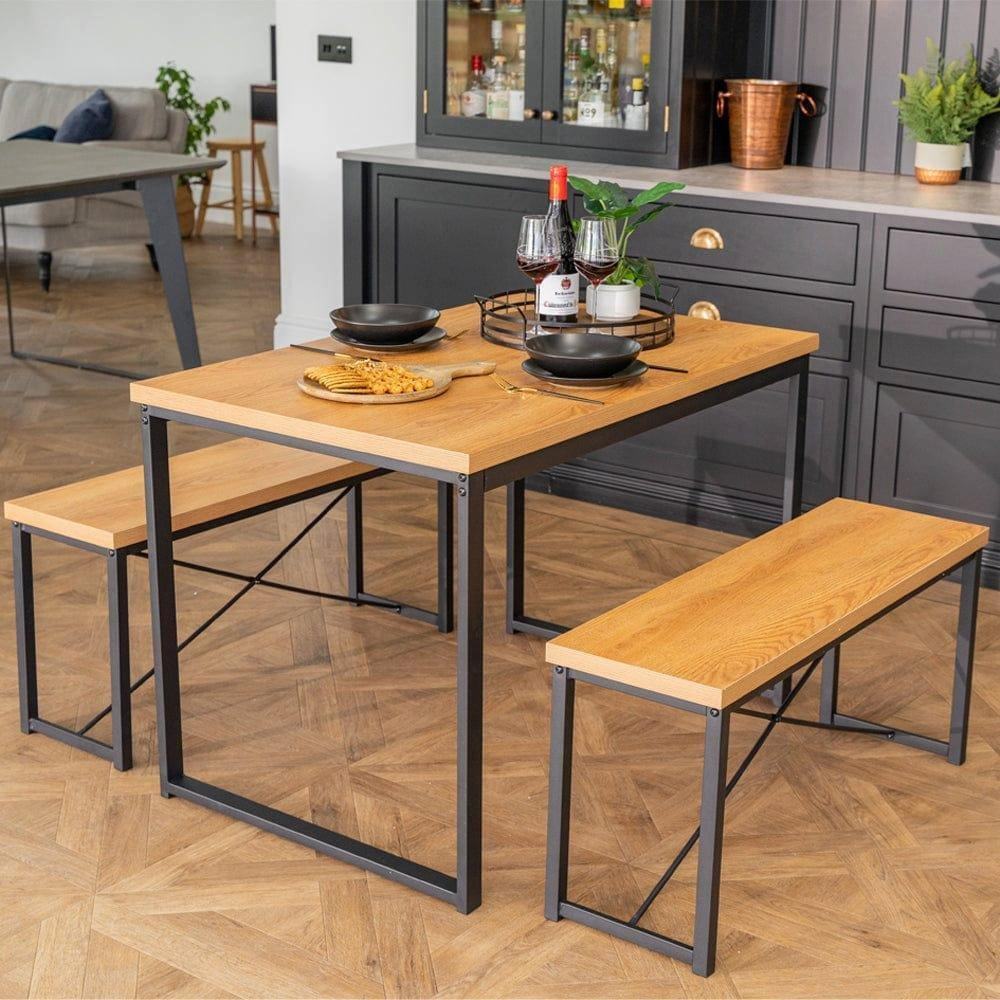 Belluno Industrial Style Dining Table Set with 2 Benches - image 1