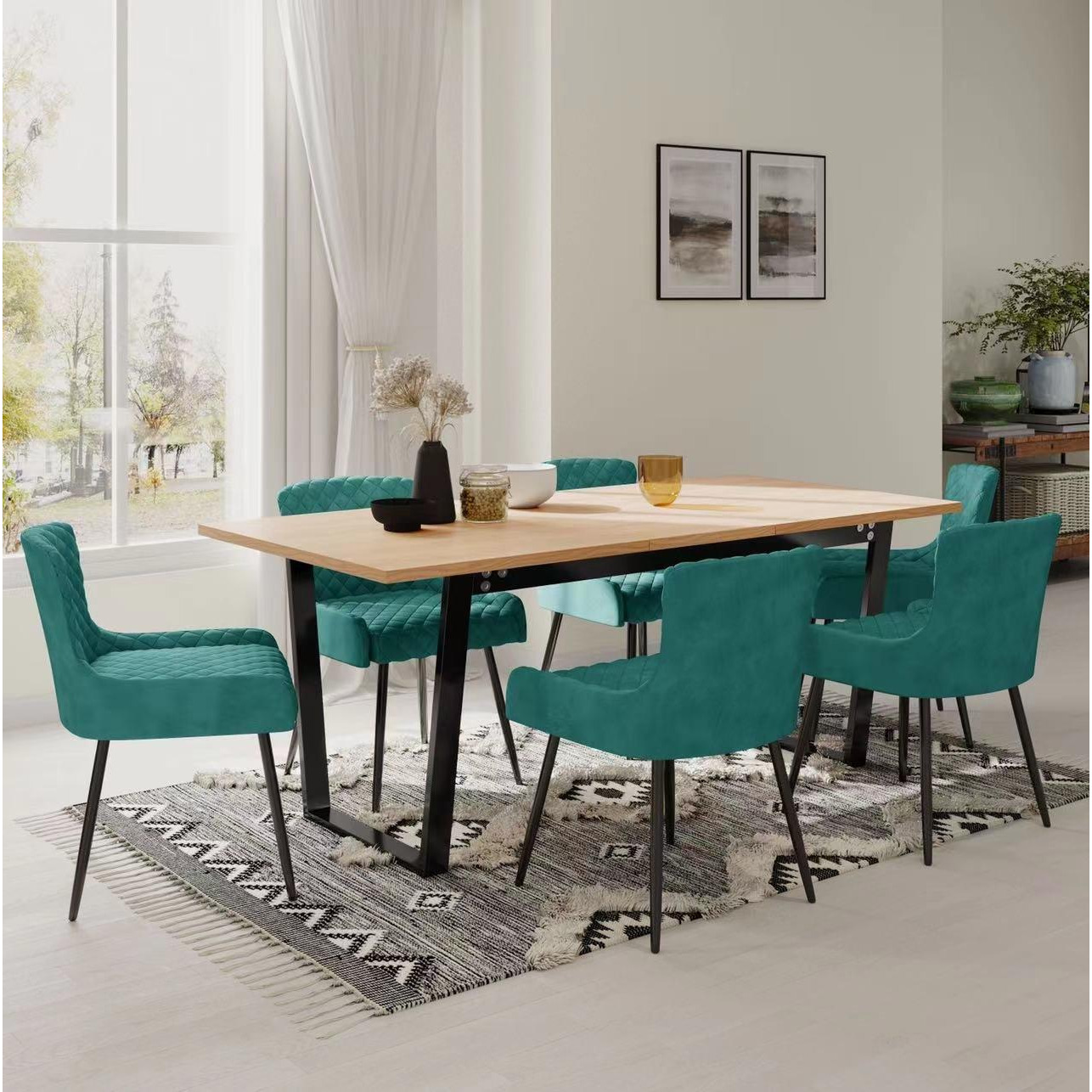 Belluno Extending Dining Table Set with 6 Velvet Chairs - image 1