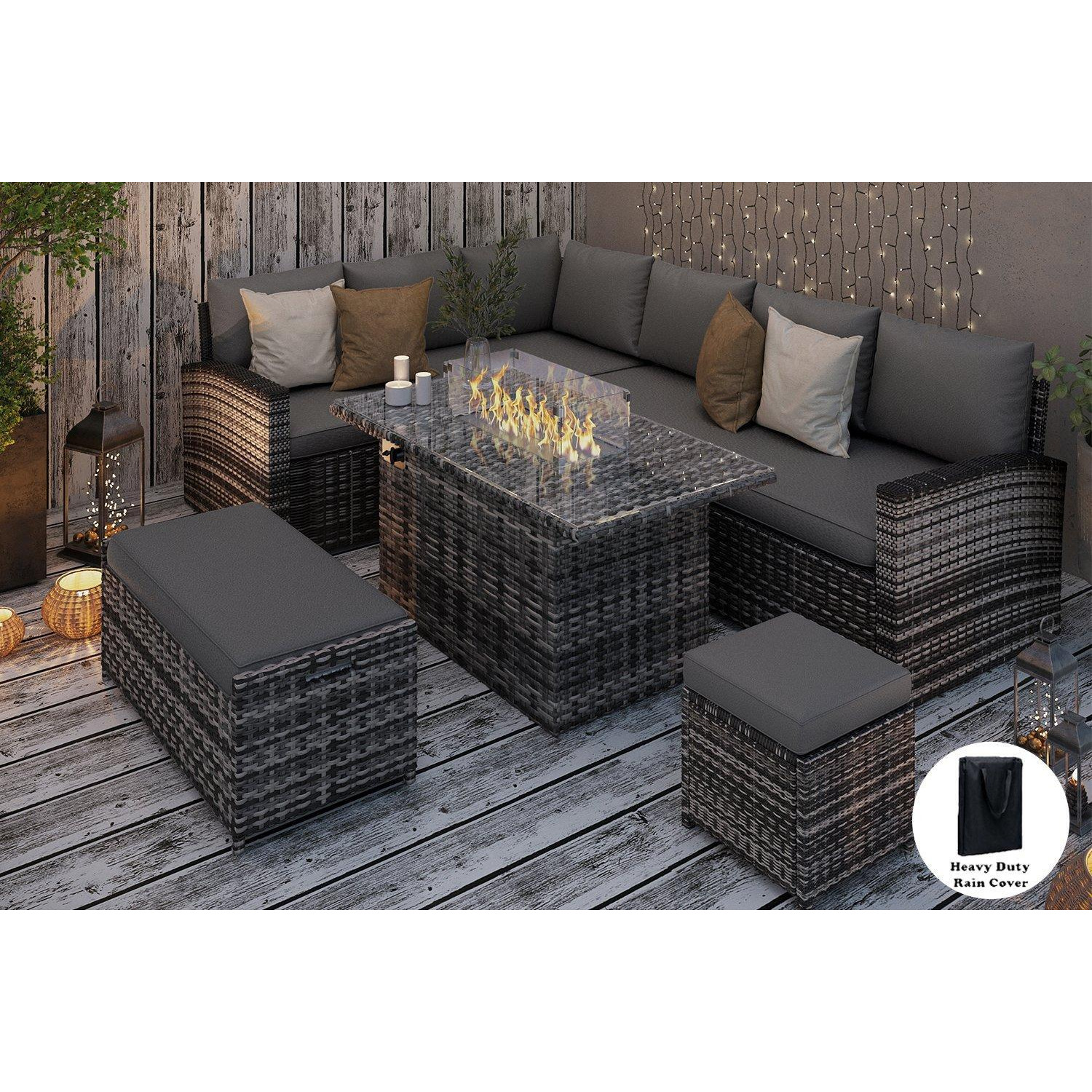 Rosen 9 Seater Rattan Garden Furniture Corner Sofa Set With Fire pit Dining Table and Storage Box