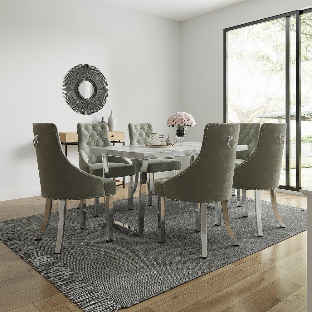 Etta White Marbled Effect Trestle Dining Table Set with 6 Velvet Button Back Chairs - image 1