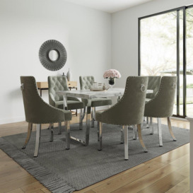 Etta White Marbled Effect Trestle Dining Table Set with 6 Velvet Button Back Chairs - thumbnail 1
