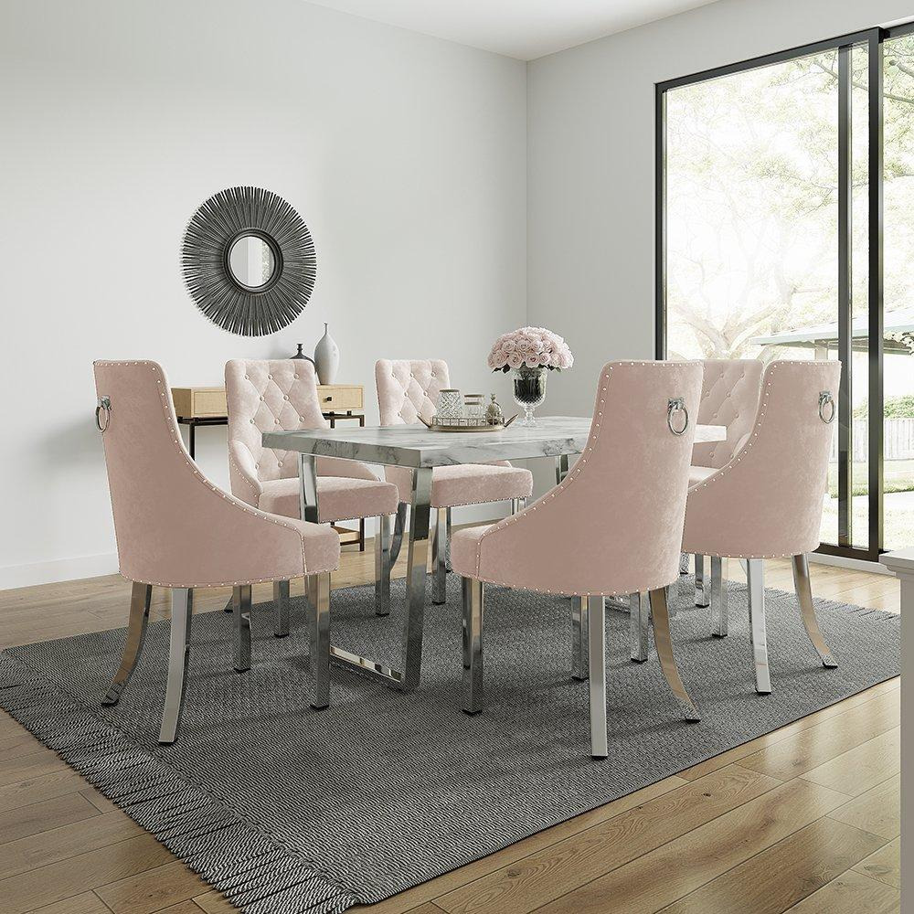 Etta White Marbled Effect Trestle Dining Table Set with 6 Velvet Button Back Chairs - image 1