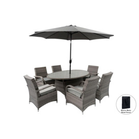 Aura 6 Seater Armchair Oval Rattan Garden Furniture Dining Set With Parasol