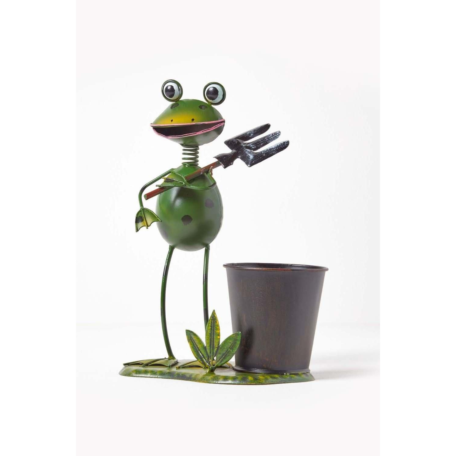 Metal Frog with Garden Fork and Flower Pot, 28 cm Tall - image 1