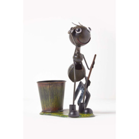 Metal Ant with Garden Fork and Flower Pot, 32 cm Tall