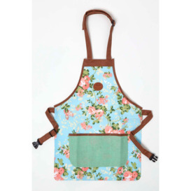 Blue and Pink Gardening Apron with Floral Rose Design