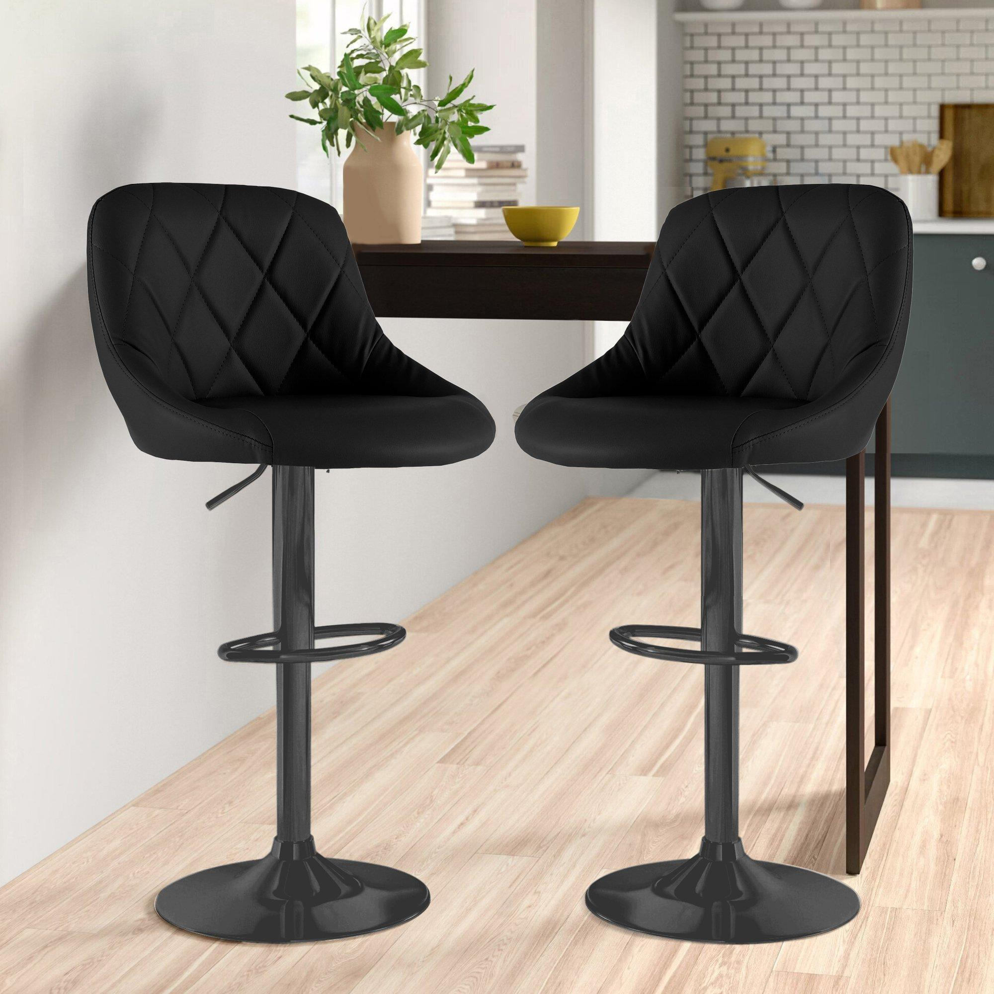 Set of Two Madrid Leather Bar Stools with Black Leg