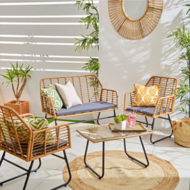 4 Piece Wicker Bamboo Style Garden Sofa, Table & Chairs Set - thumbnail 1
