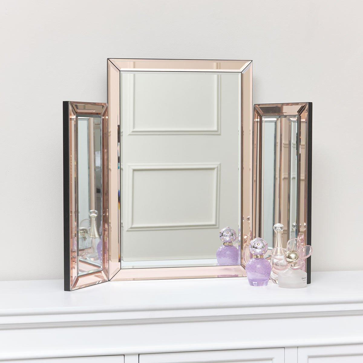 Pink Glass Art Deco Rectangle Triple Mirror 74cm X 55cm - image 1
