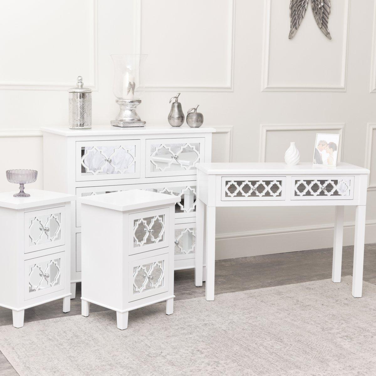 Large White Mirrored Chest Of Drawers, Console / Dressing Table & Pair Of Bedside Tables - Sabrina White Range - image 1