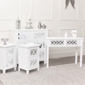 Large White Mirrored Chest Of Drawers, Console / Dressing Table & Pair Of Bedside Tables - Sabrina White Range - thumbnail 1
