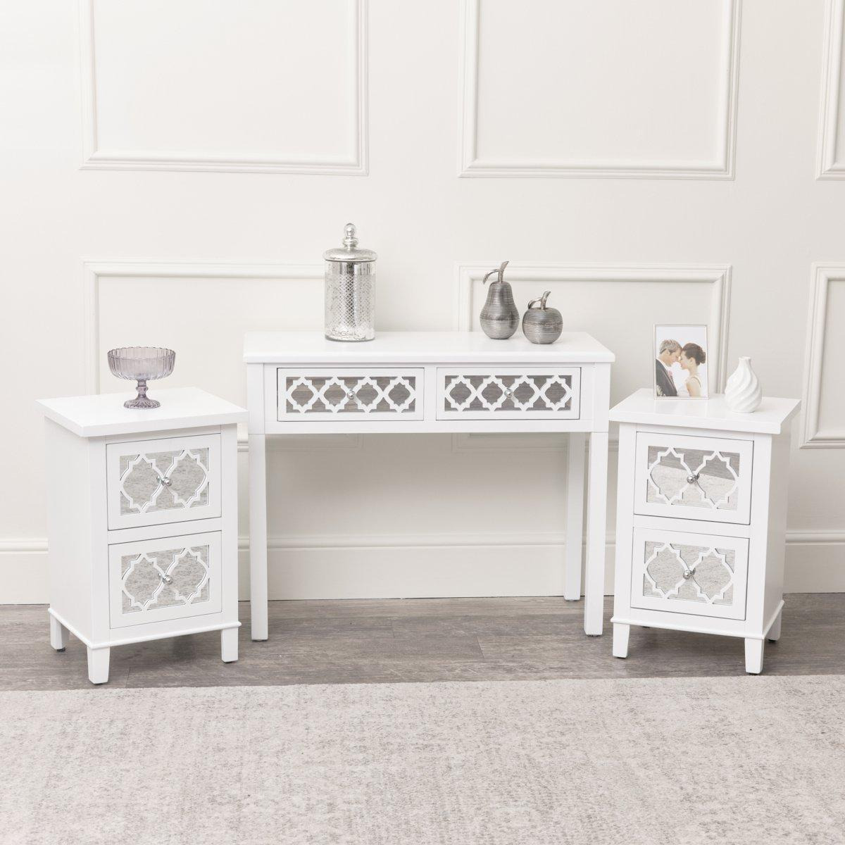 White Mirrored Console Table / Dressing Table & Pair Of White Mirrored Bedside Tables - Sabrina White Range - image 1