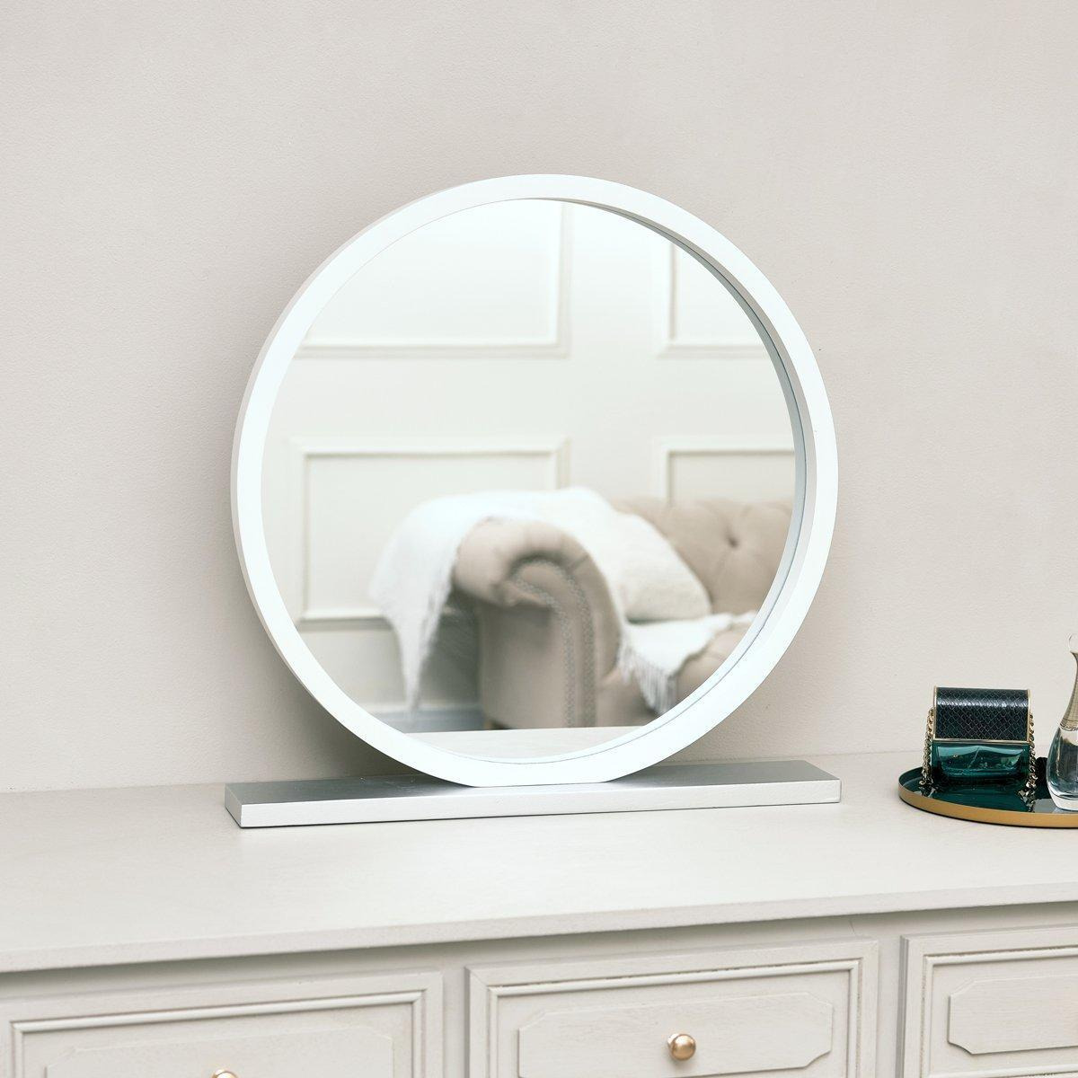 Round White & Silver Freestanding Table Top Mirror - image 1