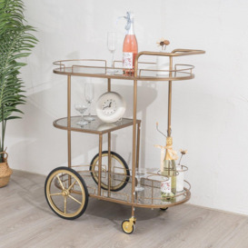 Large Gold Antique Glass Oval Drinks Trolley With Wheels - thumbnail 2