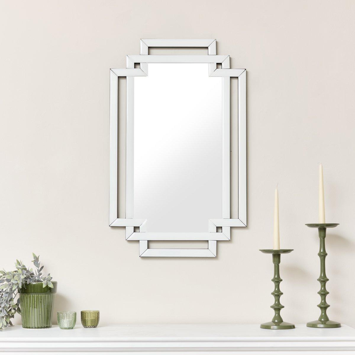 Art Deco White Glass Wall Mirror With Mirrored Accents - 80cm X 50cm - image 1