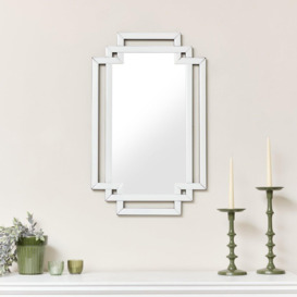 Art Deco White Glass Wall Mirror With Mirrored Accents - 80cm X 50cm - thumbnail 1