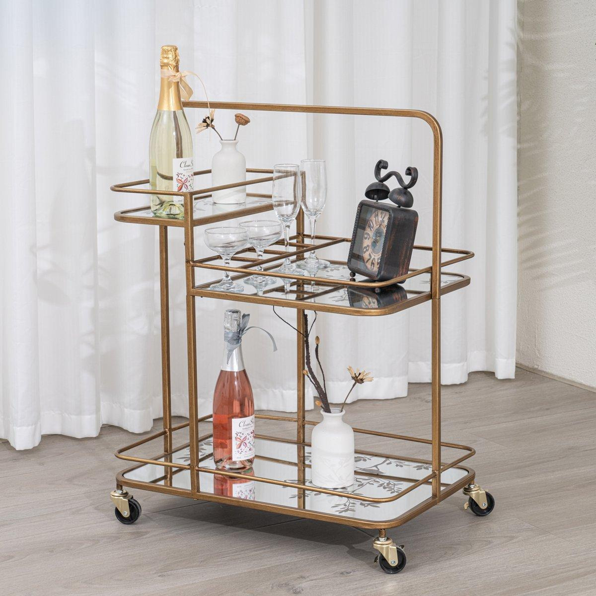 Gold Vintage Printed Glass 3 Tier Drinks Trolley With Wheels - image 1