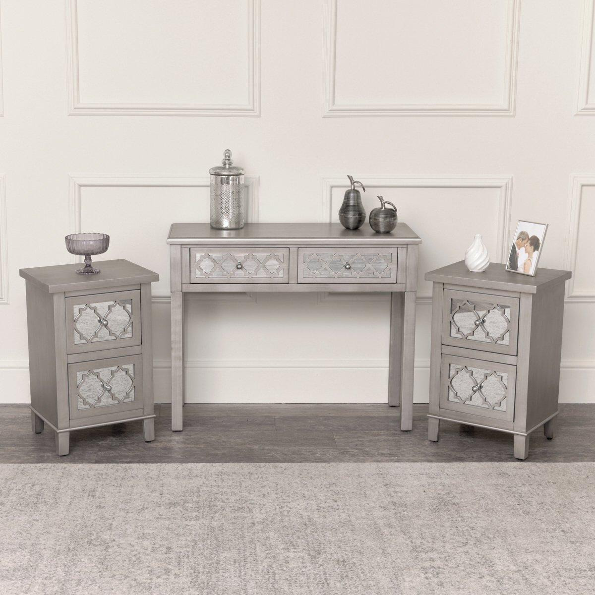 Silver Mirrored Console Table / Dressing Table & Pair Of Silver Mirrored Bedside Tables - Sabrina Silver Range - image 1