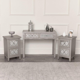 Silver Mirrored Console Table / Dressing Table & Pair Of Silver Mirrored Bedside Tables - Sabrina Silver Range - thumbnail 1